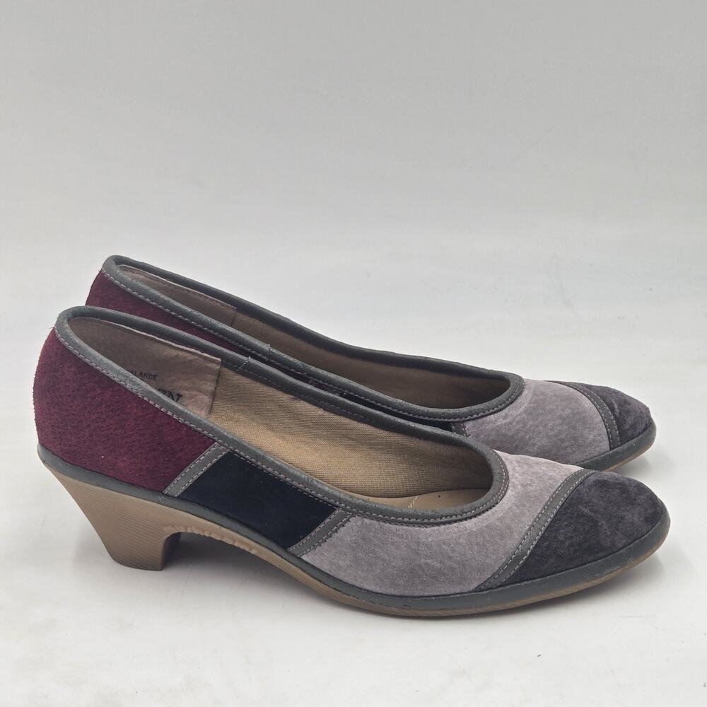 Vintage 70s Mushroom Heels Women 7N Suede Colorblock Burgundy Gray Leather Pumps